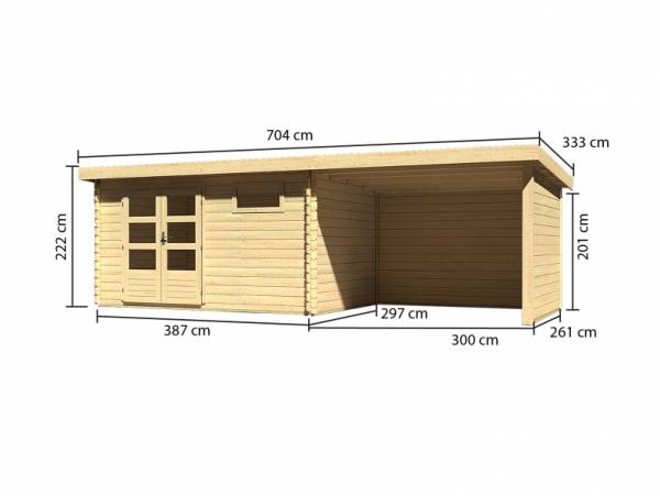 Karibu Woodfeeling Gartenhaus Bastrup 8 mit Anbaudach 3 Meter, Rück- und Seitenwand