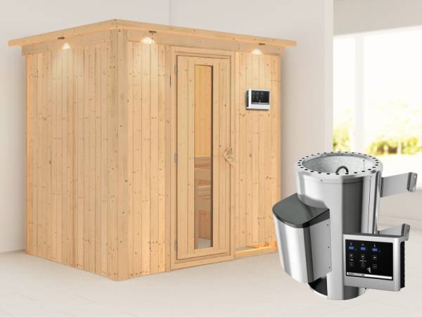 Fanja - Karibu Sauna Plug &amp; Play 3,6 kW Ofen, ext. Steuerung - mit Dachkranz - Energiespartür