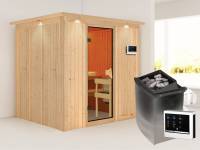 Karibu Sauna Sodin inkl. 9 kW Ofen ext. Steuerung mit bronzierter Ganzglastür - mit Dachkranz -