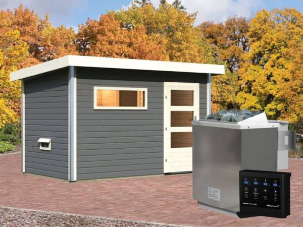 Karibu Aktionssaunahaus Erik 1 38 mm mit 9 kW BIO-Ofen ext. Strg. terragrau Karibu Aktionssaunahaus Erik 1 38 mm mit 9 kW BIO-Ofen ext. Strg. terragrau