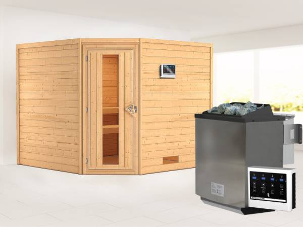 Karibu Sauna Leona 38 mm ohne Dachkranz- 9 kW Bioofen ext. Strg- energiesparende Tür