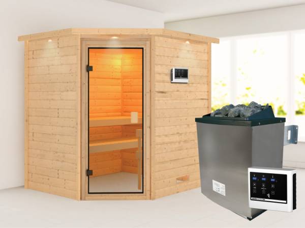 Karibu Sauna Mia inkl. 9 kW Ofen ext. Steuerung, mit klassischer Saunatür -mit Dachkranz-