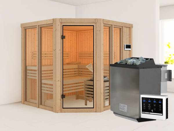 Karibu Sauna Airi, inkl. 9 kW Bioofen ext. Steuerung - ohne Dachkranz - Karibu Sauna Airi, inkl. 9 kW Bioofen ext. Steuerung - ohne Dachkranz -