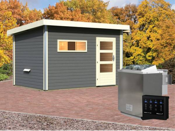 Karibu Aktionssaunahaus Erik 3 38 mm mit 9 kW BIO-Ofen ext. Strg. terragrau Karibu Aktionssaunahaus Erik 3 38 mm mit 9 kW BIO-Ofen ext. Strg. terragrau