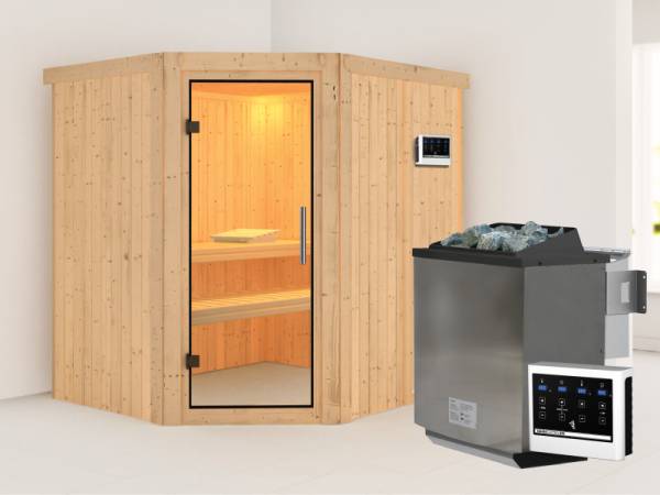 Karibu Sauna Siirin inkl. 9 kW Bioofen mit ext. Steuerung mit Klarglas Ganzglastür -ohne Dachkranz-