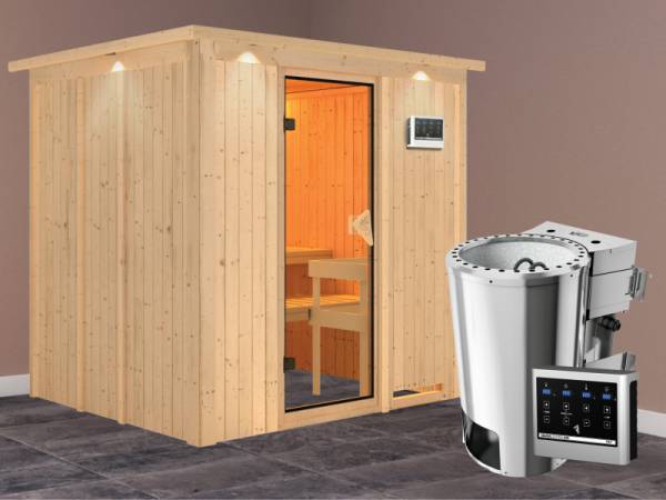 Daria - Karibu Sauna Plug &amp; Play inkl. 3,6 kW-Bioofen - mit Dachkranz -