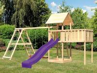 Akubi Spielturm Lotti natur mit Anbauplattform XL, Doppelschaukel inkl. Klettergerüst und Rutsche violett