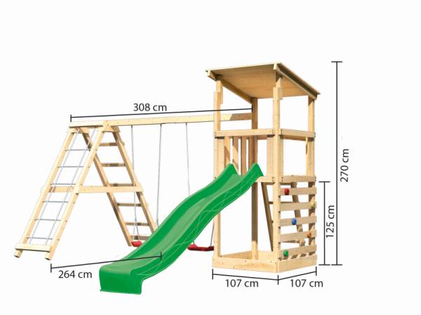 Akubi Spielturm Anna + Rutsche grün + Doppelschaukelanbau Klettergerüst + Kletterwand
