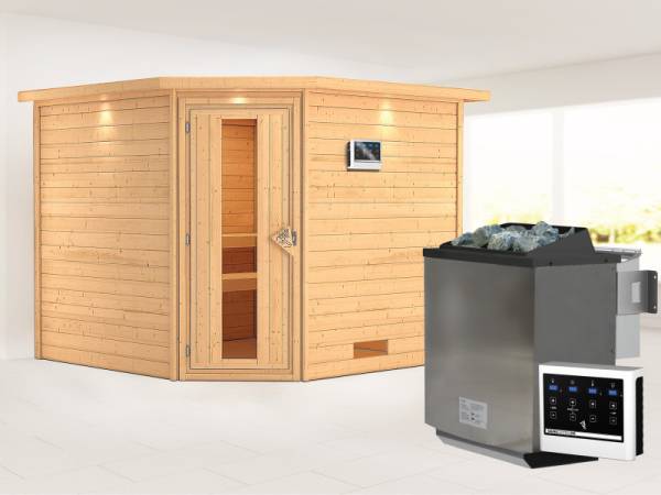 Karibu Sauna Leona 38 mm mit Dachkranz- 9 kW Bioofen ext. Strg- energiesparende Tür
