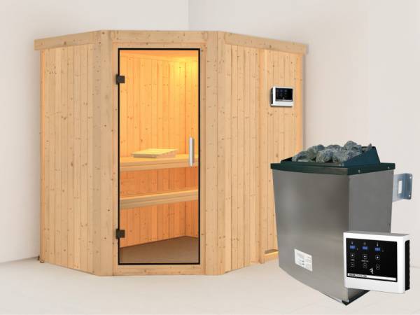 Karibu Sauna Carin inkl. 9 kW Ofen ext. Steuerung mit Klarglas Ganzglastür - ohne Dachkranz -
