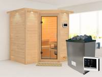 Karibu Sauna Sahib 1 inkl. 9 kW Ofen mit ext. Steuerung, mit Klarglas-Ganzglastür -mit Dachkranz-