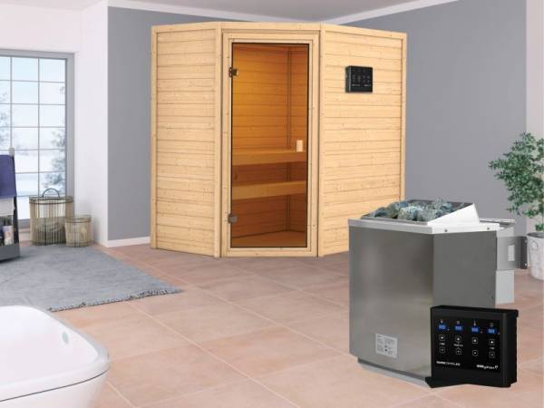 Karibu Aktionssauna Dolf mit 4,5 kW BIO-Ofen ext. Strg. ohne Dachkranz Karibu Aktionssauna Dolf mit 4,5 kW BIO-Ofen ext. Strg. ohne Dachkranz