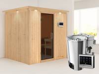 Daria - Karibu Sauna Plug & Play 3,6 kW Bio Ofen, ext. Steuerung - mit Dachkranz - Moderne Saunatür