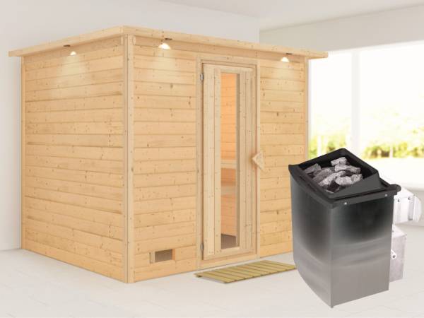 Karibu Sauna Sonara inkl. 9-kW-Ofen mit interner Steuerung, mit Dachkranz, mit energiesparender Saunatür