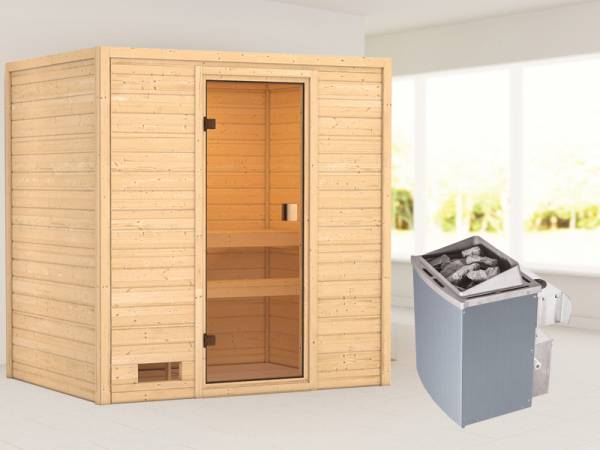 Karibu Sauna Selena mit 4,5 kW Ofen integr. Strg ohne Dachkranz Karibu Sauna Selena mit 4,5 kW Ofen integr. Strg ohne Dachkranz