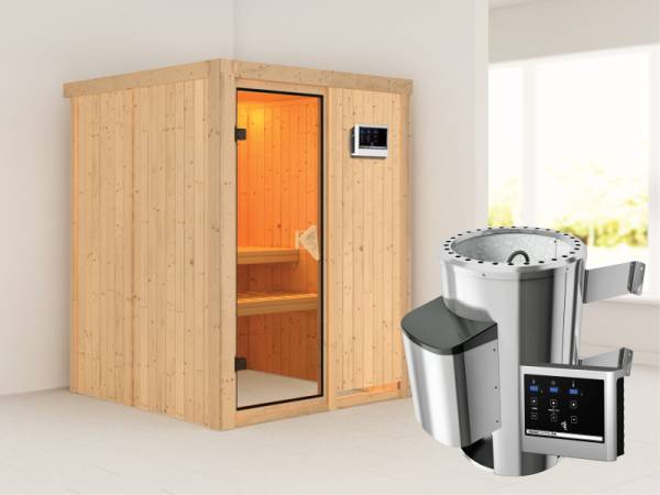 Minja - Karibu Sauna Plug & Play inkl. 3,6 kW-Ofen - ohne Dachkranz -