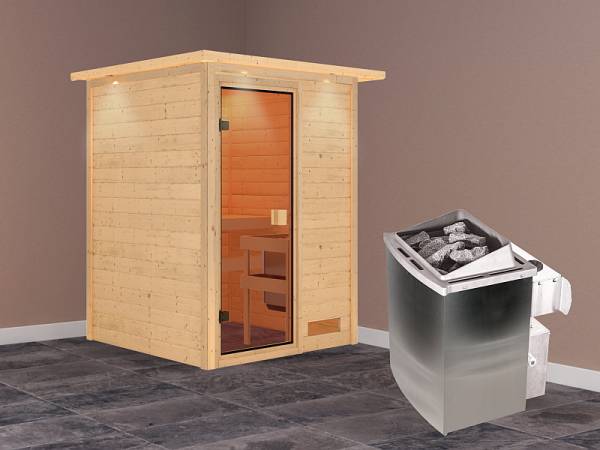 Karibu Woodfeeling Sauna Svenja- klassische Saunatür- 4,5 kW Bioofen ext. Strg- ohne Dachkranz