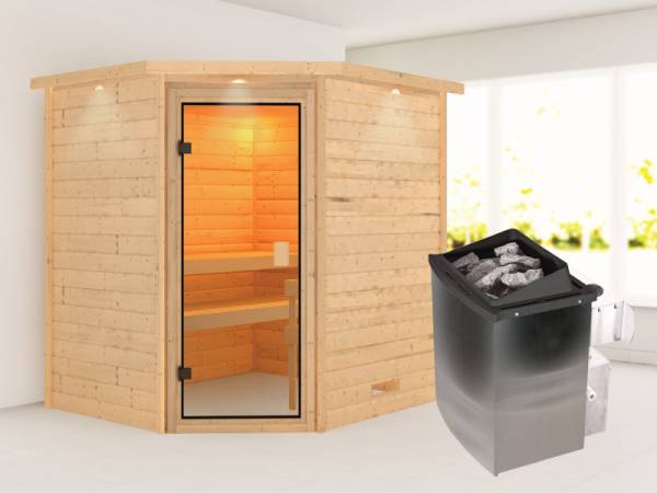 Karibu Sauna Mia- klassische Saunatür- 4,5 kW Ofen integr. Strg- mit Dachkranz