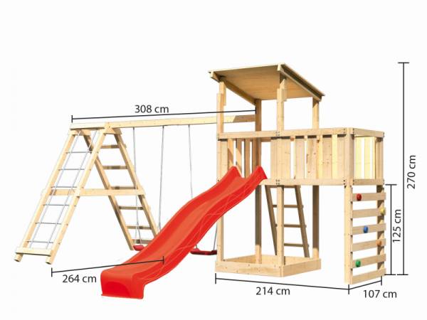 Akubi Spielturm Anna + Rutsche rot + Doppelschaukelanbau Klettergerüst + Anbauplattform + Kletterwand