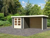Karibu Woodfeeling Gartenhaus Askola 3 in terragrau mit Anbaudach 2,80 Meter, Seiten- und Rückwand