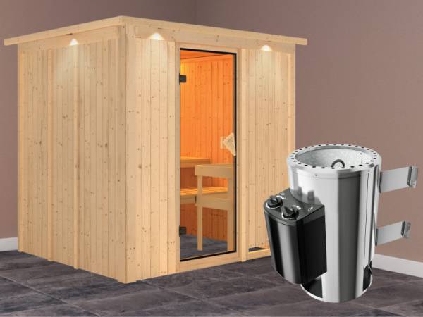 Daria - Karibu Sauna Plug &amp; Play inkl. 3,6 kW-Ofen- mit Dachkranz -
