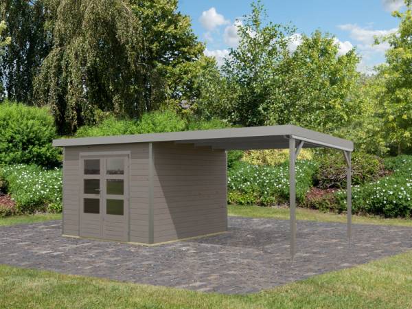 Karibu Hybrid Gartenhaus Pluto D, wassergrau/staubgrau inkl. 3 m Anbaudach