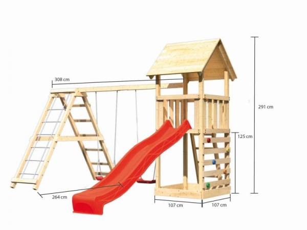 Akubi Spielturm Lotti- Doppelschaukel mit Klettergerüst, Kletterwand und Rutsche in rot