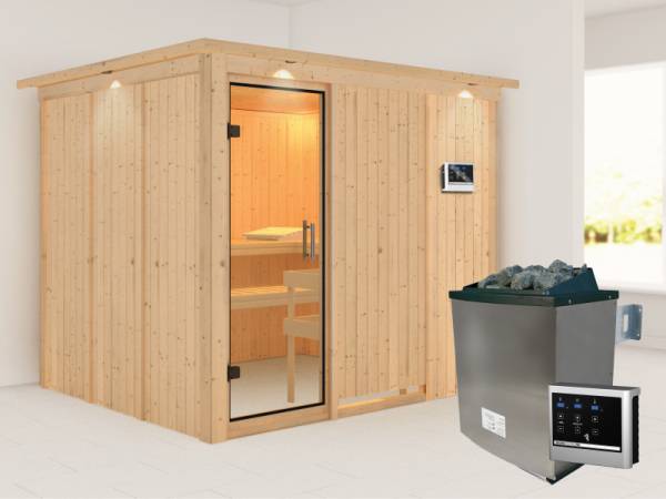 Karibu Sauna Gobin inkl. 9 kW Ofen mit ext. Steuerung, mit Dachkranz, mit Klarglas Ganzglastür