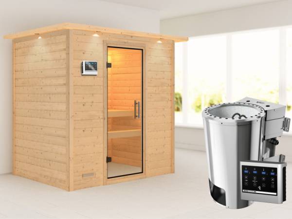 Ronja - Karibu Sauna Plug & Play 3,6 kW Bio Ofen, ext. Steuerung - mit Dachkranz - Klarglas Ganzglastür