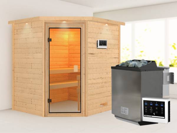 Karibu Sauna Elea 4,5 kW BIO-Ofen ext. Strg. mit Dachkranz