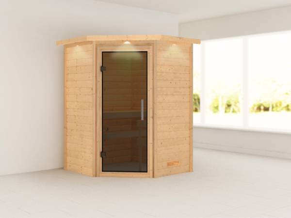 Alicja - Karibu Sauna Plug &amp; Play ohne Ofen - mit Dachkranz - Moderne Saunatür