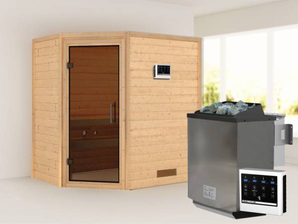 Karibu Sauna Svea - Moderne Saunatür - 4,5 kW BIO-Ofen ext. Strg. - ohne Dachkranz