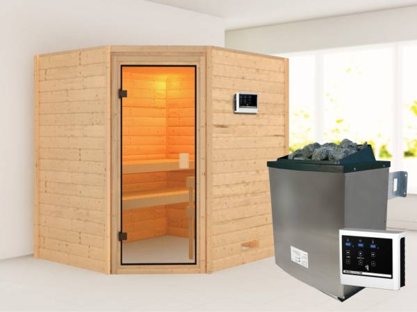 Karibu Sauna Mia inkl. 9 kW Ofen ext. Steuerung, mit klassischer Saunatür -ohne Dachkranz-