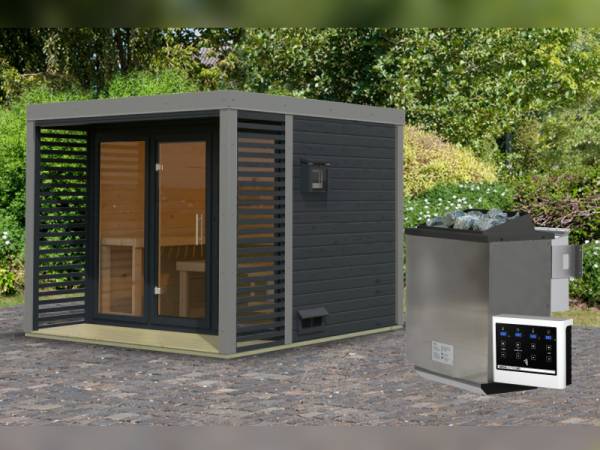 Karibu Hybrid Saunahaus Ares 3,anthrazit/staubgrau -inkl. 9 kW Bioofen ext. Steuerung-