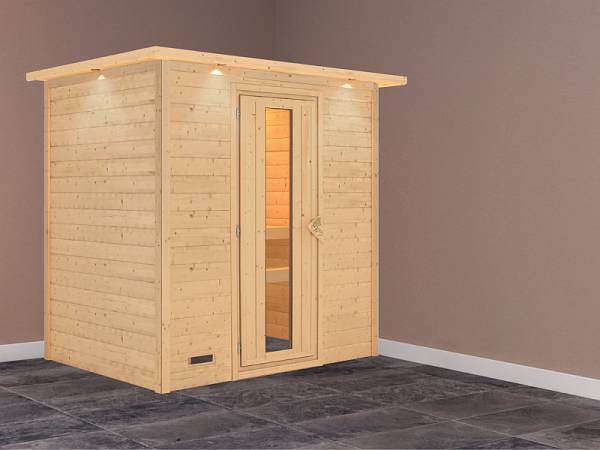 Karibu Sauna Sonja 38 mm mit Dachkranz- ohne Ofen- energiesparende Tür