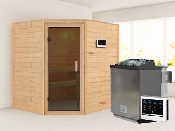 Karibu Sauna Mia inkl. 9 kW Bioofen ext. Steuerung, mit moderner Saunatür -ohne Dachkranz-