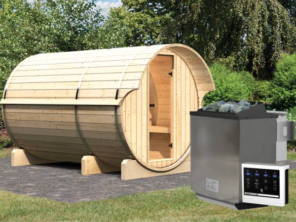 Karibu Fass - Sauna 3 42 mm inkl. 9-kW-Bioofen - Saunahaus