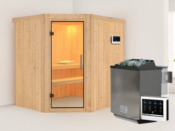Karibu Sauna Siirin 68 mm- Klarglas Saunatür- 4,5 kW Bioofen ext. Strg- ohne Dachkranz