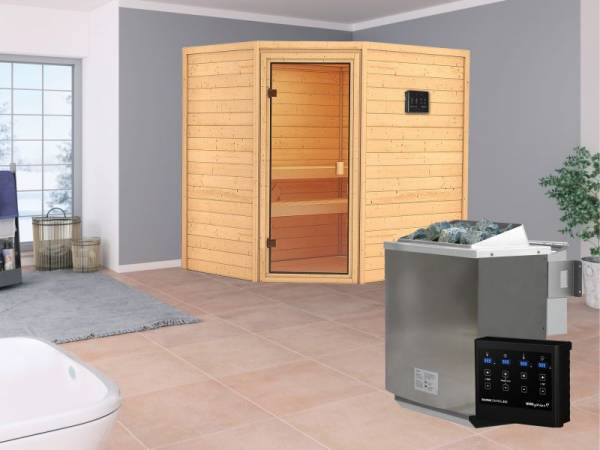 Karibu Aktionssauna Alva mit 4,5 kW BIO-Ofen ext. Strg. ohne Dachkranz Karibu Aktionssauna Alva mit 4,5 kW BIO-Ofen ext. Strg. ohne Dachkranz