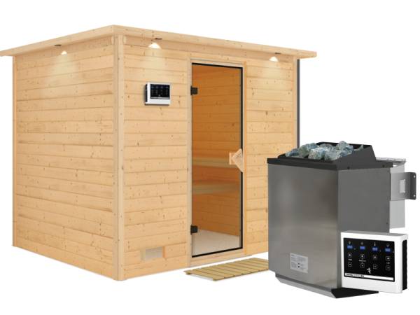 Sonara - Karibu Sauna inkl. 9-kW-Bioofen - mit Dachkranz -