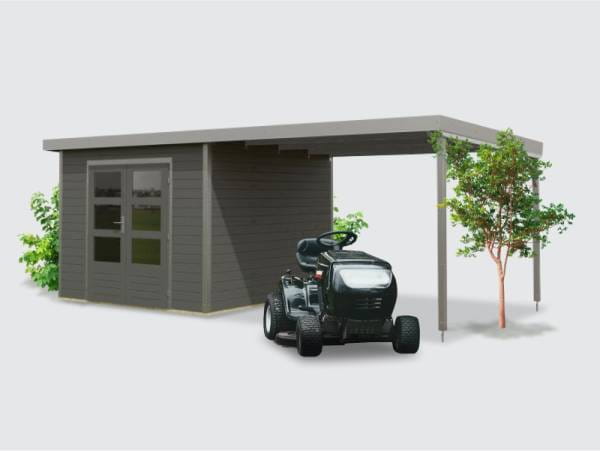 Osb smart choice Hybrid Gartenhaus Woodtallic B, terragrau/staubgrau im Set mit Fußboden, inkl. 3 m Anbaudach