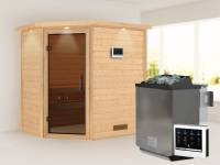 Karibu Sauna Svea - Moderne Saunatür - 4,5 kW BIO-Ofen ext. Strg. - mit Dachkranz