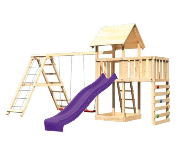 Akubi Spielturm Lotti Satteldach + Rutsche violett + Doppelschaukel Klettergerüst + Anbauplattform + Kletterwand