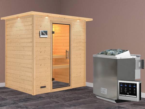 Karibu Woodfeeling Sauna Sonja - Klarglas Saunatür - 4,5 kW BIO-Ofen ext. Strg. - mit Dachkranz