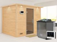 Karibu Sauna Sonara inkl. 9-kW-Bioofen mit externer Steuerung, mit Dachkranz, mit moderner Saunatür