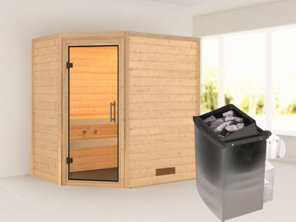 Karibu Sauna Svea - Klarglas Saunatür - 4,5 kW Ofen integr. Strg. - ohne Dachkranz