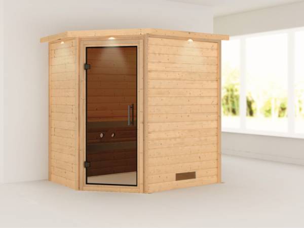 Cilja - Karibu Sauna Plug & Play ohne Ofen - mit Dachkranz - Moderne Saunatür