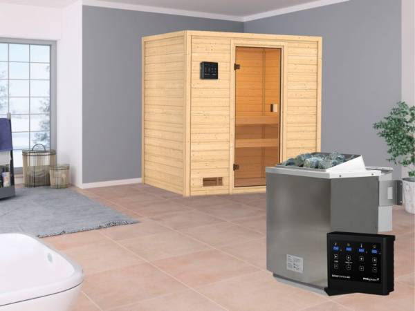 Karibu Aktionssauna Ivar mit 4,5 kW BIO-Ofen ext. Strg. ohne Dachkranz Karibu Aktionssauna Ivar mit 4,5 kW BIO-Ofen ext. Strg. ohne Dachkranz