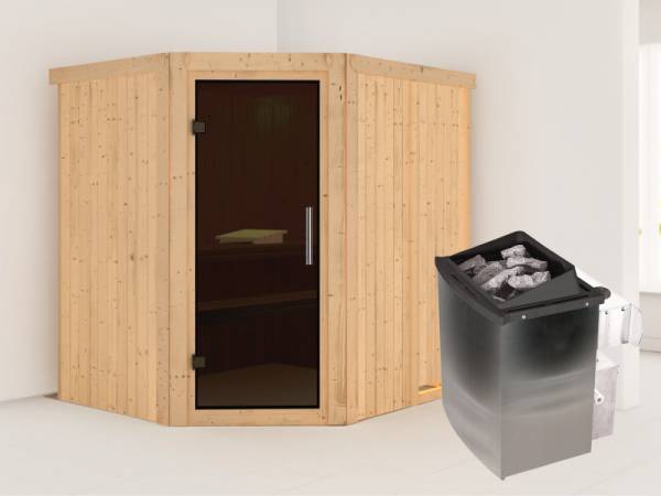 Karibu Sauna Siirin inkl. 9 kW Ofen integr. Steuerung mit moderner Saunatür - ohne Dachkranz -