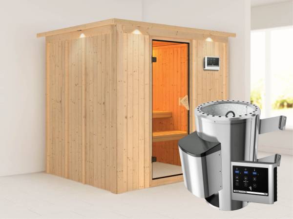 Daria - Karibu Sauna Plug &amp; Play SPARSET inkl. 3,6 kW Ofen, Dachkranz, Leuchte, Zubehör-Set